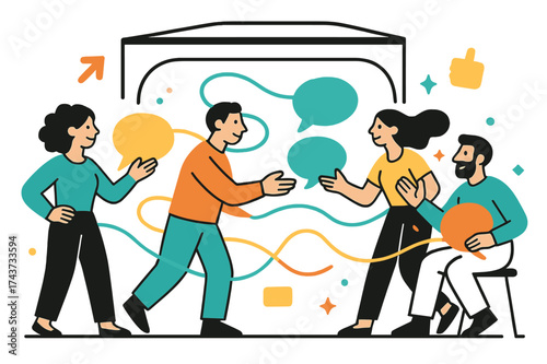 Virtual Networking Exchange. Networking space. People exchanging glowing speech bubbles inside a virtual booth, abstract waves connect them across the scene. A