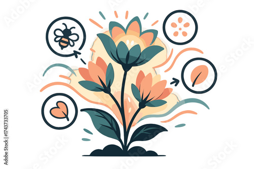 Colorful Blossoming Plant. Flowering stage. Plant glowing with colorful blossoms opening. Floating icons of bees, petals, and pollen showing reproduction.