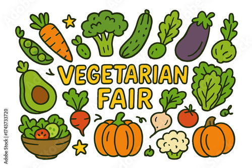Vegetarian Fair Doodles. Vegetarian Fair. Colorful Hand-drawn doodle Children illustration Vegetarian Fair carrot, broccoli, cucumber, zucchini, lettuce,