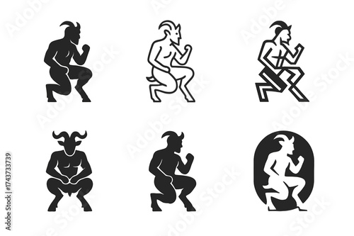 Faun Logo Variations. A mythical creature blending human and animal features. Set Logo of faun: human body with goat legs and horns. harmonious logo variations