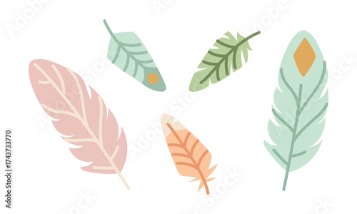 Set of delicate feathers in various shapes and colors. Flat color vector illustration. Stylized isolated feathers with soft details, perfect for design, decoration, and nature-themed projects.