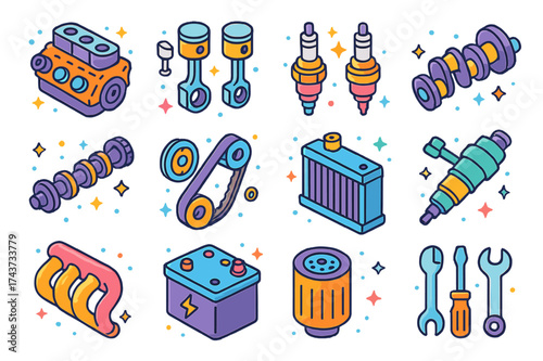 Car Mechanics Icons. Car mechanics. Colorful isometric vector icons set of car mechanics: engine block, pistons, spark plugs, crankshaft, camshaft, timing