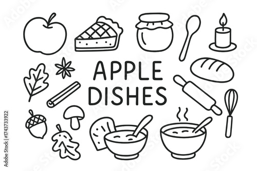 Apple Dishes Doodle. Apple Dishes. Hand-drawn doodle illustration of Apple Dishes. Apple, pie slice, jar,