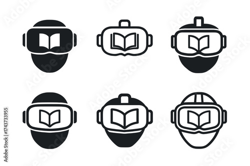 Innovative Tech Learning Logos. Learning new technologies. Set Logo of Learning new technologies: VR headset with learning icon. harmonious logo variations of