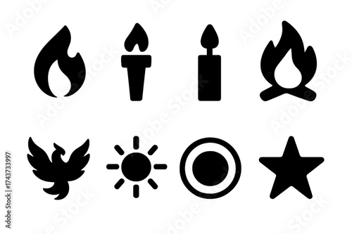 Ignition Icons Collection. Ignition. Filled icon set of Ignition: flame, torch, candle, bonfire, phoenix, sun