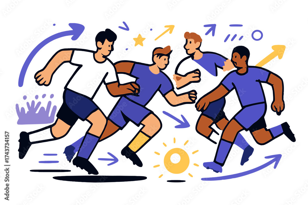 Fototapeta premium Dynamic Football Pursuit. Football match. Players in motion chasing a glowing ball across the field, with abstract arrows showing speed and direction. A crowd