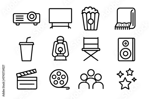 Film Night Essentials. Film night essentials. Line icon set of Film night essentials: projector, movie screen, popcorn, blanket, soda cup, lantern, director