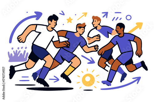 Dynamic Football Pursuit. Football match. Players in motion chasing a glowing ball across the field, with abstract arrows showing speed and direction. A crowd