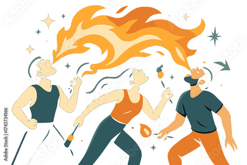 Fiery Night Show. Night show. Multiple fire breathers glowing as flames cross and weave together. Floating icons of starburst, sparkle, and arrow showing