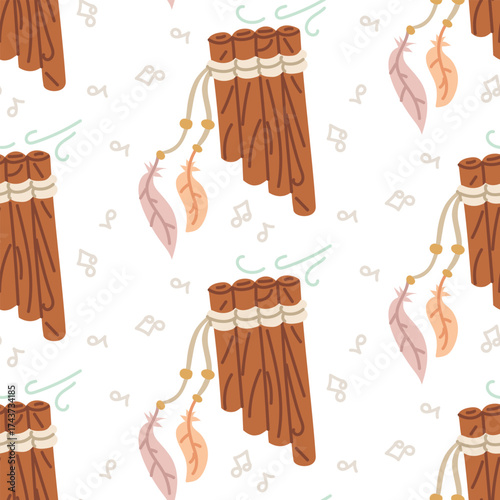 pattern featuring triangular wooden wind instruments Samponyo decorated with feathers and musical notes. Flat color vector seamless. Stylized objects of Native American tribes. cultural or musical
