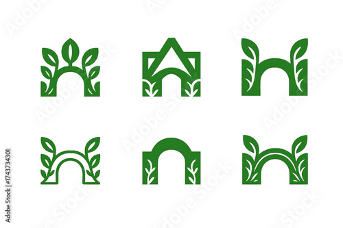 Green Bridges Logos. Green bridges. Set Logo of Green bridges: Bioengineered abutment (living wall supports). harmonious logo variations of the same emblematic