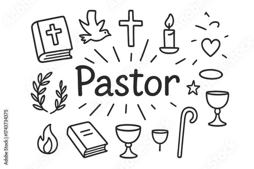 Pastor Symbol Doodle. Pastor. Hand-drawn doodle illustration of Pastor. bible, cross, candle, dove, laurel