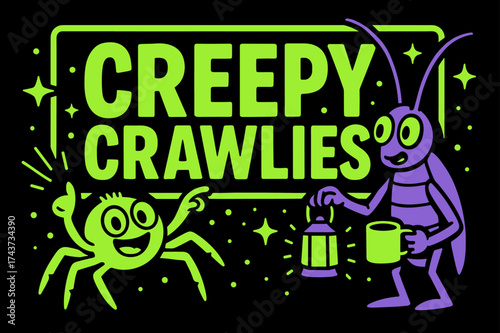 Creepy Crawlies Banner. Creepy Crawlies banner, flat vector illustration, bold oversized text inside rectangular frame, cartoon characters standing and