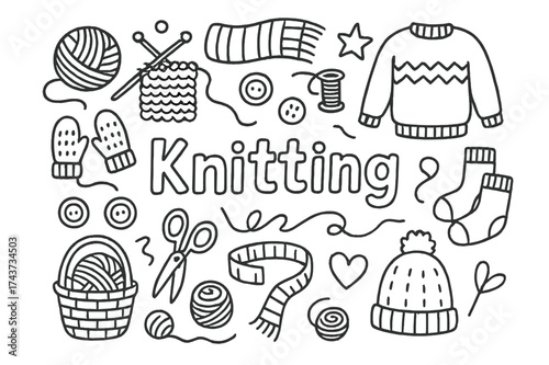 Knitting Doodle Illustration. Knitting. Hand-drawn doodle illustration of Knitting. Yarn ball, knitting