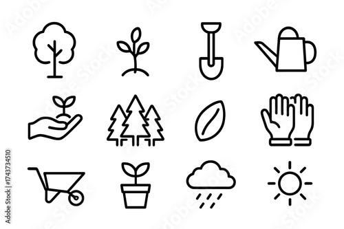 Reforestation Icon Set. Reforestation. Line outline icon set of reforestation: tree, sapling, shovel, watering