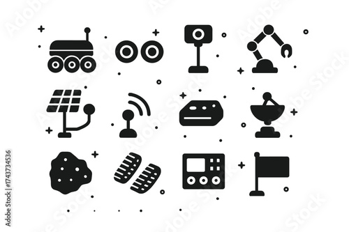 Planetary Rover Icons. Planetary Rover. Solid icons set of Planetary Rover: Rover Body, Wheels, Camera, Mechanical Arm, Solar Panel, Antenna, Sensor,