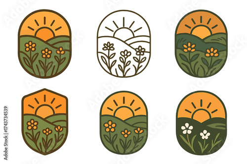 Sunrise to Sunset Emblems. Sunrise and sunset over natural landscapes. Set Logo of Sunrise and sunset over natural landscapes: Meadow of wildflowers at