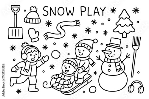 Snow Day Doodles. Snow Play. Hand-drawn doodle illustration Snow Play snowball, sled, snowman, shovel, broom, scarf, hat, mittens, boots, earmuffs, friends,