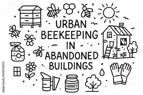 Urban Beekeeping Art. Urban beekeeping in abandoned buildings. Hand-drawn doodle illustration of Urban
