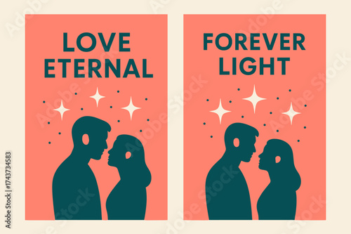 Love Eternal Banners. Love Eternal. Two vertical A6 banners with safe margins, centered composition, no elements touching edges, flat vector design, coral and