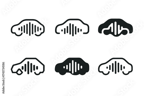 AI Car Logo Variations. In-car voice assistant prompt. Set Logo of AI wave: futuristic sound wave integrated with car outline. harmonious logo variations of