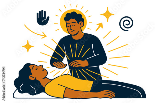 Radiant Reiki Harmony. Reiki session. Healer glowing while placing hands over resting person, energy lines radiating. Floating icons of hands, sparkle, and