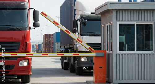 Trucks in line at checkpoint awaiting access is depicted, with transport vehicles and guard booth visible. Queue of trucks and freight transport waits patiently before checkpoint.