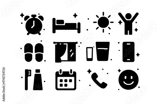 Morning Essentials Icons. Wake Up. Solid icons set of alarm clock, bed, sun, stretching person, slippers, curtain, glass of water, phone, toothbrush,
