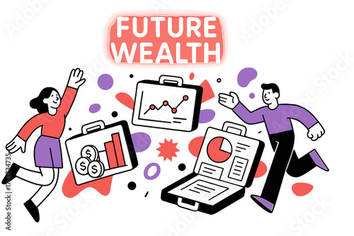 Modern Investment Scene. Investment portfolios. Modern abstract scene with floating briefcases, each filled