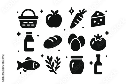 Farm-to-Table Icons. Farm-to-Table. Solid icons set of basket, apple, carrot, cheese wedge, milk bottle, bread, eggs, tomato, fish, herbs, honey jar, wine