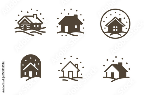 Snowfall Logo Variations. Falling Snow. Set Logo of Falling Snow: cabin. harmonious logo variations of the same emblematic concept, each with different