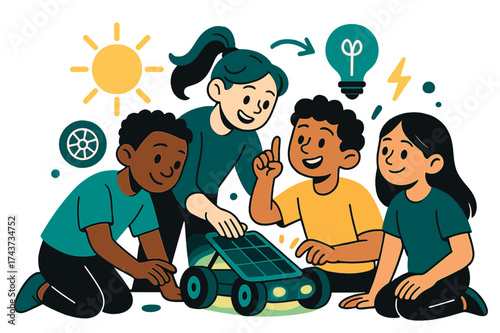 Innovative Solar Car Project. Team STEM project. Group of kids collaborating on glowing solar car model. Floating sun, wheel, and energy icons