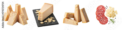 Set of isolated Parmesan cheese wedges and slices on black background  