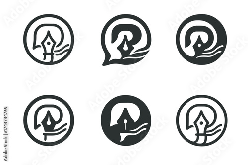 Creative Freedom Logos. Freedom of expression. Set Logo of creative badge: circular emblem with pen, speech bubble, and free-flowing lines. harmonious logo