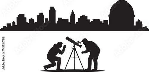 Astronomers Silhouette Observing Stars through Telescope under Cityscape Vector