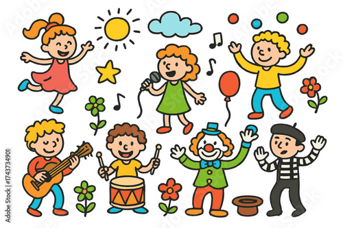 Vibrant Street Performers. Street Performers. Colorful Hand-drawn doodle Children illustration guitar player, drummer, singer with microphone, dancer, juggler,