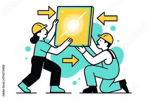 Dynamic Construction Process. Workers Installing Parts. Two characters lifting and attaching a glowing panel into place, abstract arrows floating around to