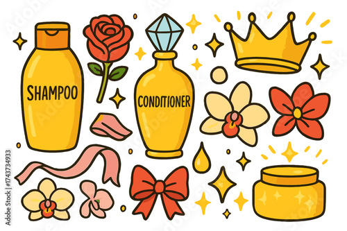 Luxury Hair Care. Luxury Hair Care. Colorful Hand-drawn doodle Children illustration Luxury Hair Care golden shampoo bottle, elegant conditioner bottle, pearl,