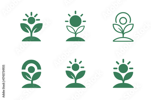 Plant Growth Logos. How a plant makes food. Set Logo of growth cycle: seedling sprouting with sun above. harmonious logo variations of the same emblematic