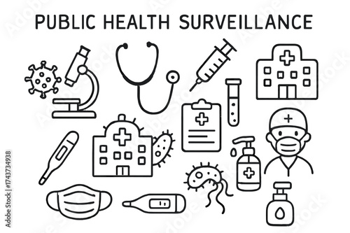 Public Health Doodle. Public Health Surveillance. Hand-drawn doodle illustration public health surveillance microscope, stethoscope, syringe, test tube,