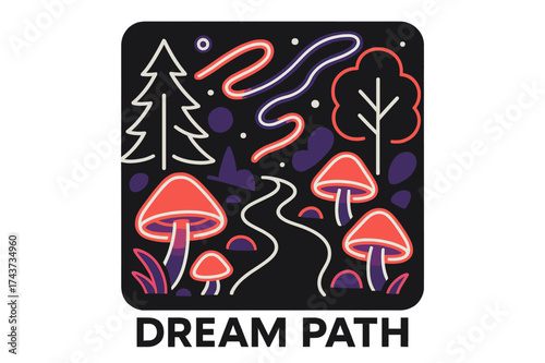 Neon Forest Path. Neon lights in nature. Surreal night forest path glowing with neon mushrooms and floating