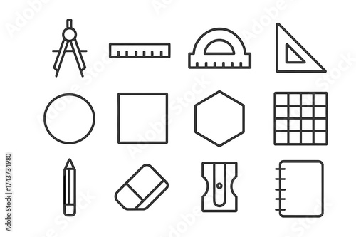 Geometric Line Icon Set. Geometric drawing. Line outline icon set of geometric drawing: compass, ruler,