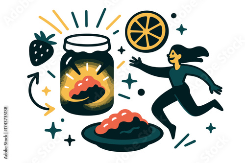 Glowing Jam Delight. Jam spread delight. Glowing jar and plate of jam, abstract floating fruit slices and light beams emphasizing freshness, sweetness, and