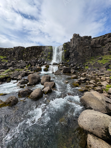 Beautiful summer day view of Oxararfoss in Iceland.