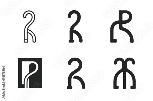 Elderly Mobility Logos. Physical wellness and mobility for the elderly. Set Logo of walking cane: cane with supportive curve symbolizing mobility