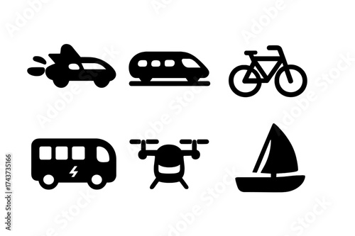 Utopian Transport Icons. Utopian transport. Filled icon set of Utopian transport: flying car, monorail,
