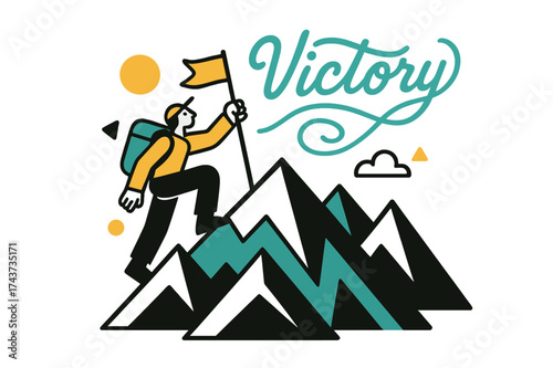 Victory at Summit. Summit flag. A climber planting a flag into the peak, abstract wind swirls carrying the word ?Victory?. Bold geometric mountains fill the