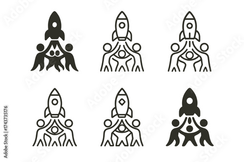 Creative Team Rocket Logos. Collaboration in creative teams. Set Logo of rocket project: team launching a symbolic rocket together. harmonious logo variations