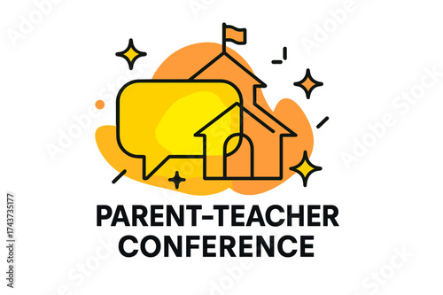 Parent-Teacher Conference Symbol. Conference Symbol. Minimal glowing speech bubble merging with schoolhouse