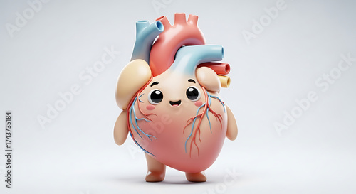 A cartoon heart with a smiling face, arms, and legs stands against a white background.